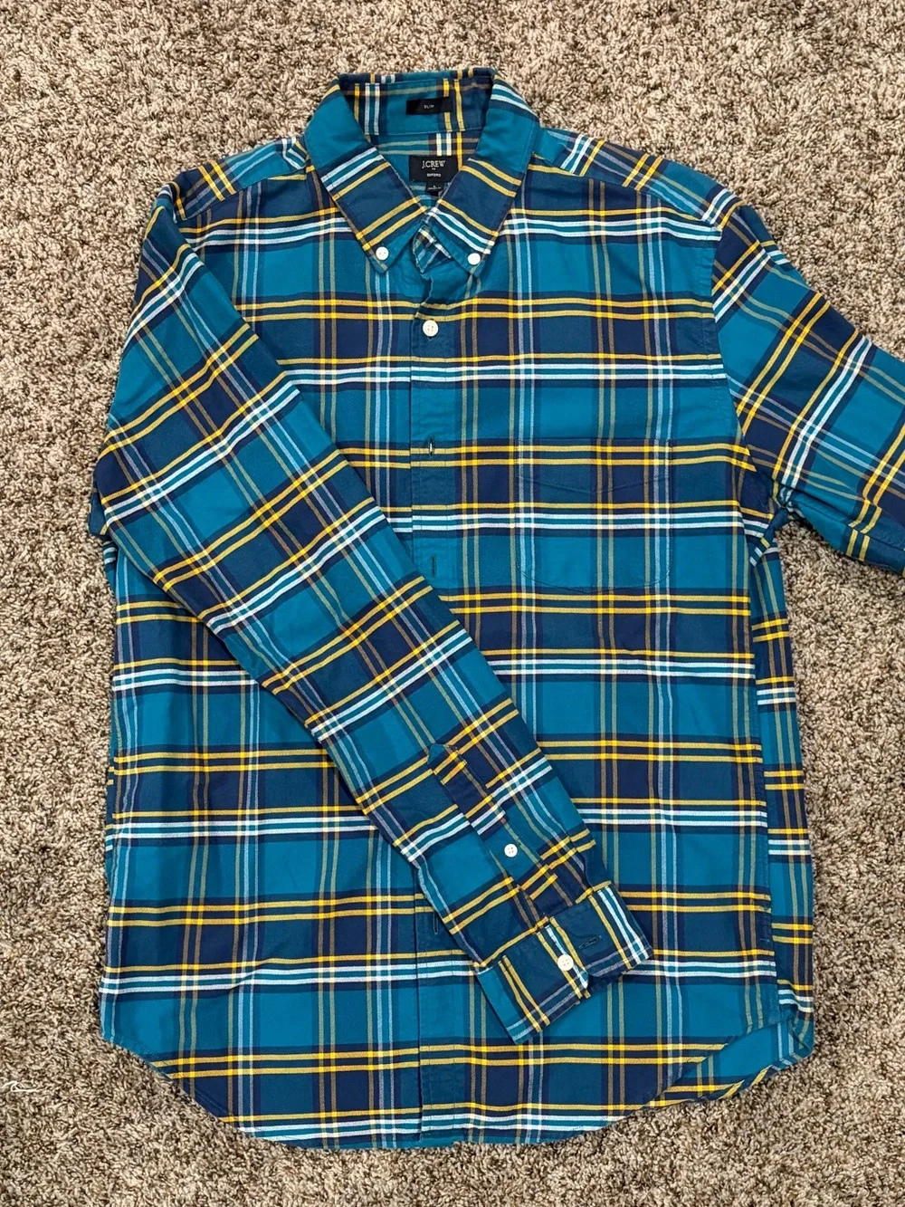 J. Crew Teal and Navy Plaid Button-Down Shirt with Yellow Accents